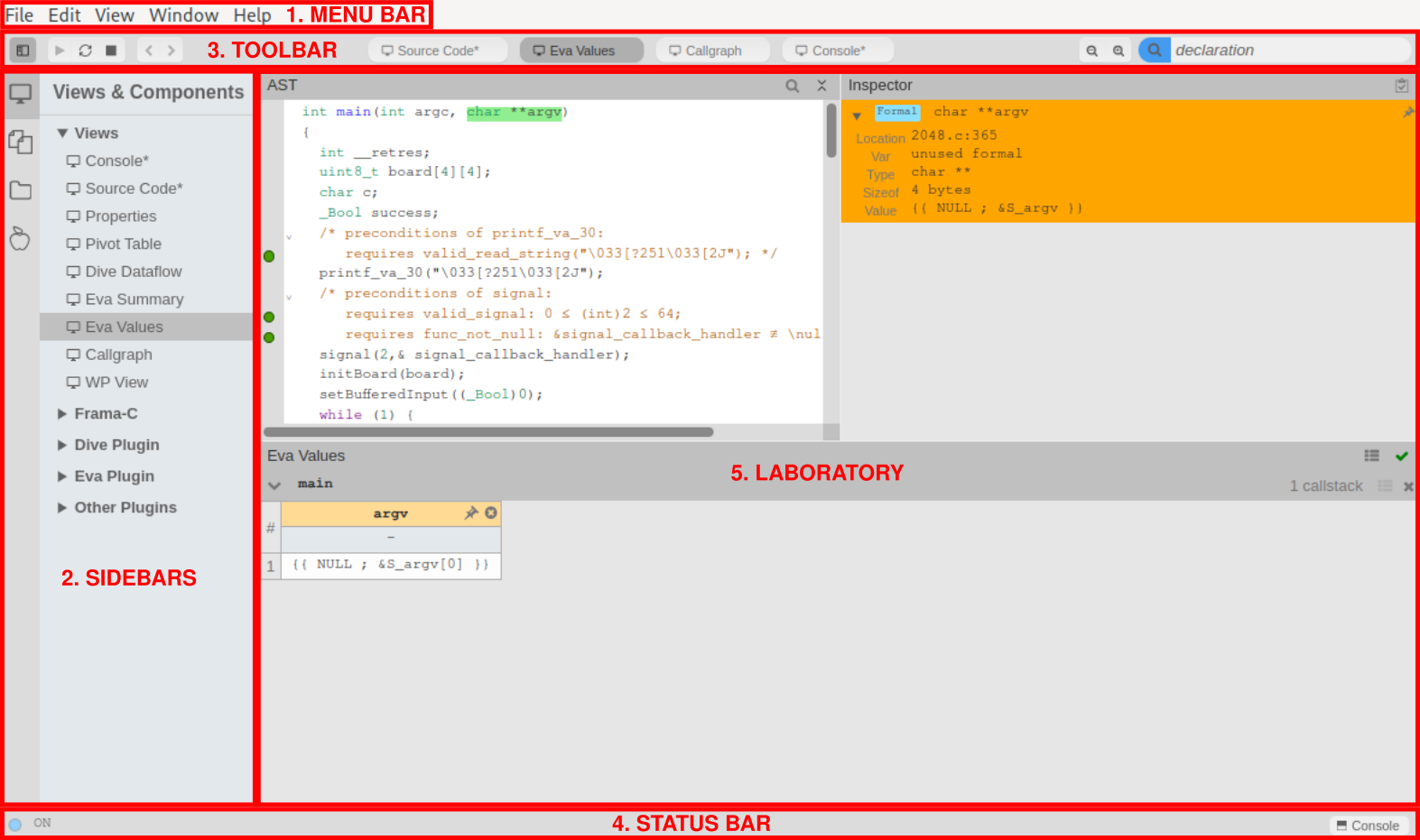 A screenshot of Ivette with the different parts of the UI annotated